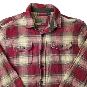 ORVIS Heavy Flannel Chamois Men's Large Button Up Shirt Plaid Red With Pockets‎